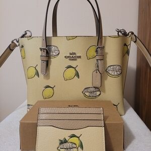 Coach Mollie Tote 25 Bag with Lemon Print and Cardholder Set